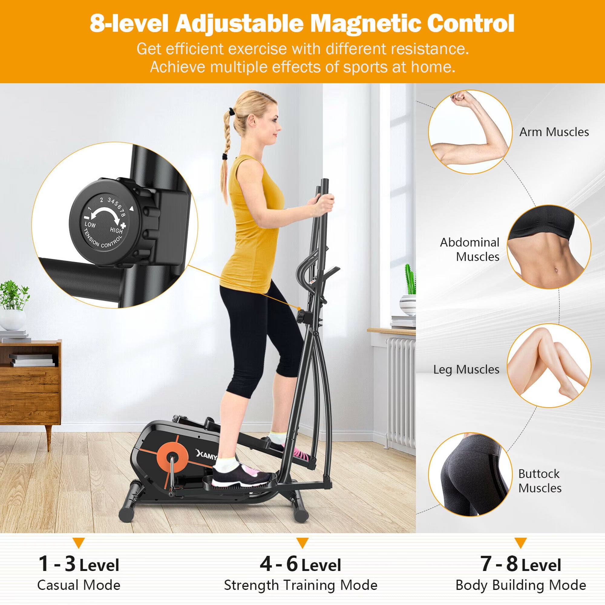 Magnetic Elliptical Cross Trainer | 8 Level Resistance | LCD Monitor Pulse Calories | Full Body Low Impact Workout | Home Gym Exercise Machine | Sports Zone
