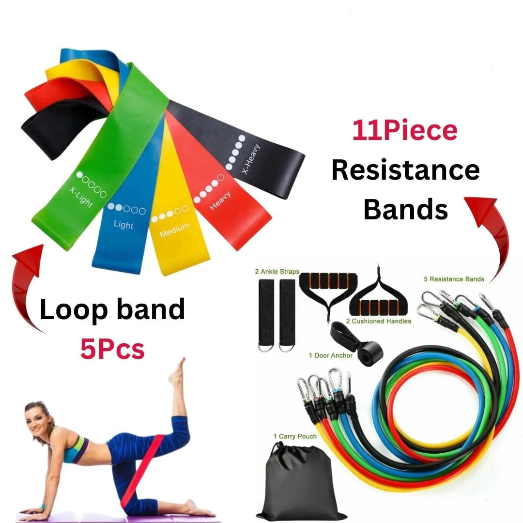11 Piece Exercise Resistance Bands and 5pcs Loop Band (Pack of 2)