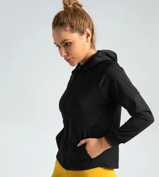 Zipper Jacket Lightweight Solid Print Yoga Hoodie Breathable Four-Way Stretch Running| Fitness
