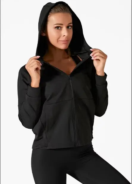 Zipper Jacket Lightweight Solid Print Yoga Hoodie Breathable Four-Way Stretch Running| Fitness