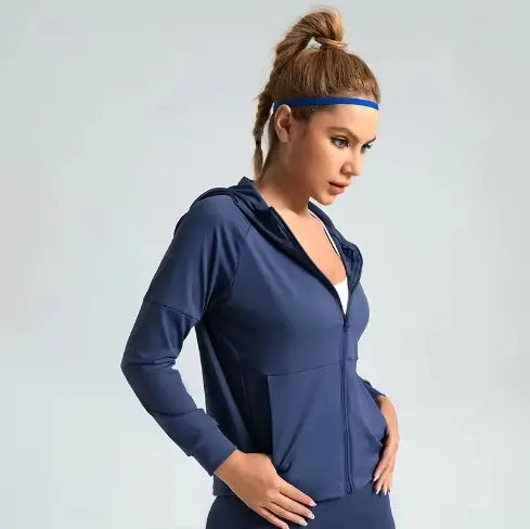Zipper Jacket Lightweight Solid Print Yoga Hoodie Breathable Four-Way Stretch Running| Fitness