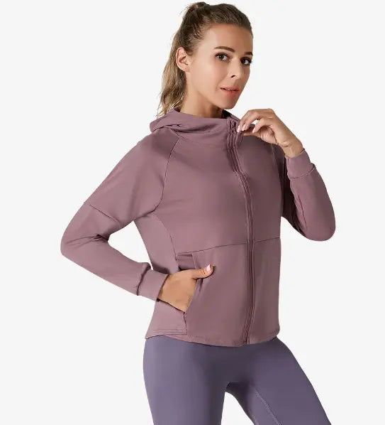 Zipper Jacket Lightweight Solid Print Yoga Hoodie Breathable Four-Way Stretch Running| Fitness