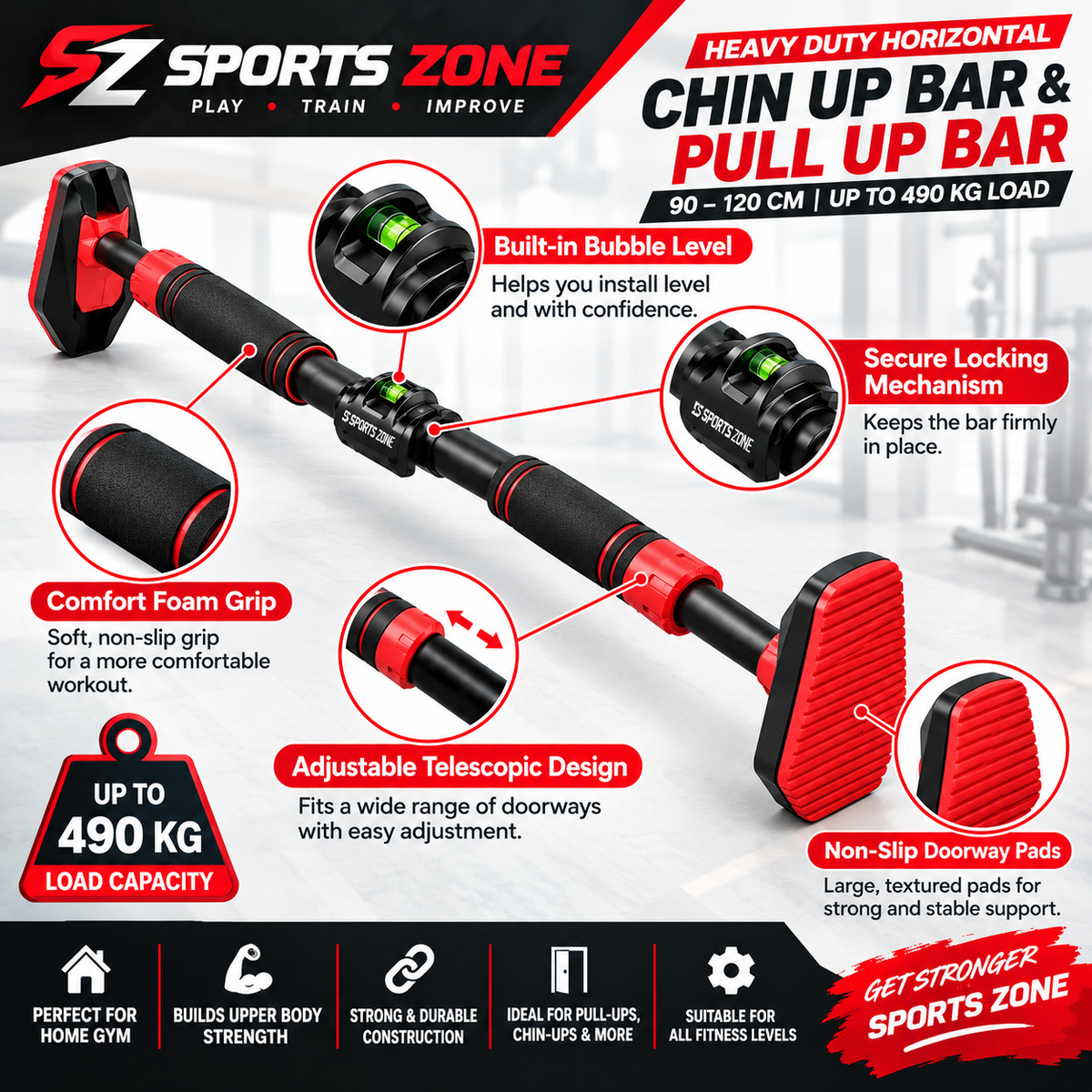 Heavy Duty Horizontal Exercise ChinupBar & Pull Up Bar with 490kg Load | 90 - 120 CM